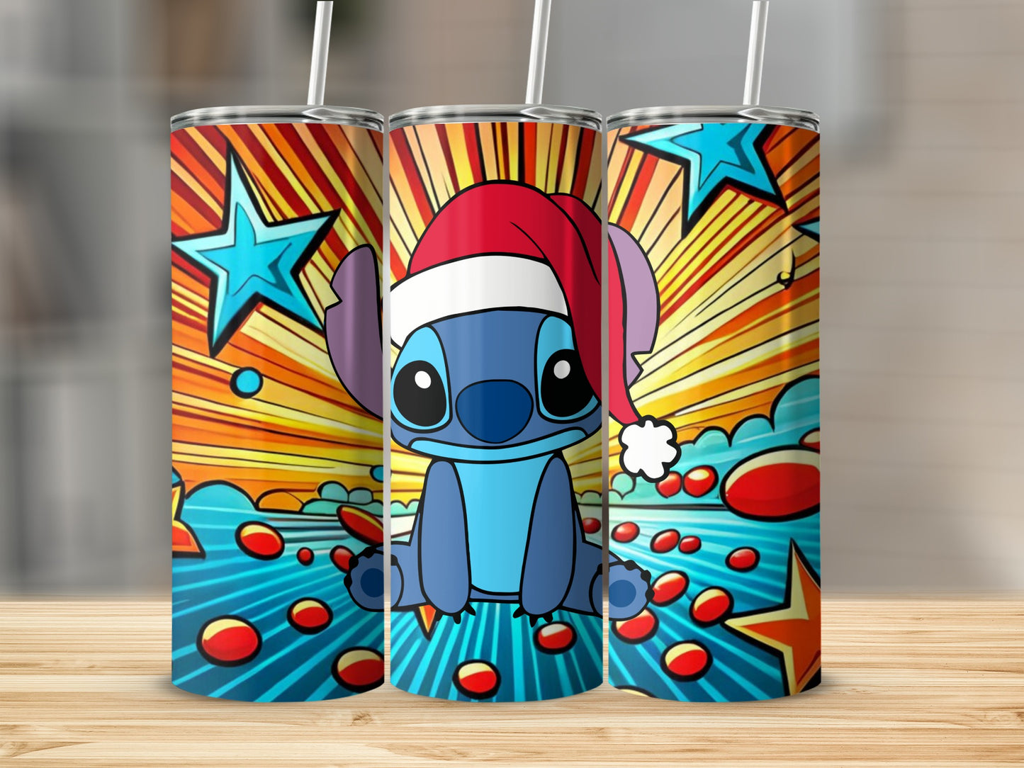 Festive Cartoon Character Print with Burst Design Tumbler