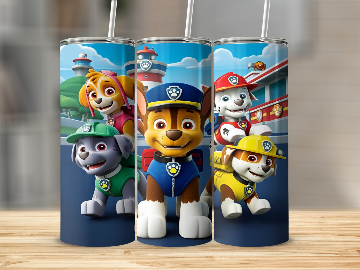 Paw Patrol characters Chase, Skye, Marshall, and Rubble on a blue background.