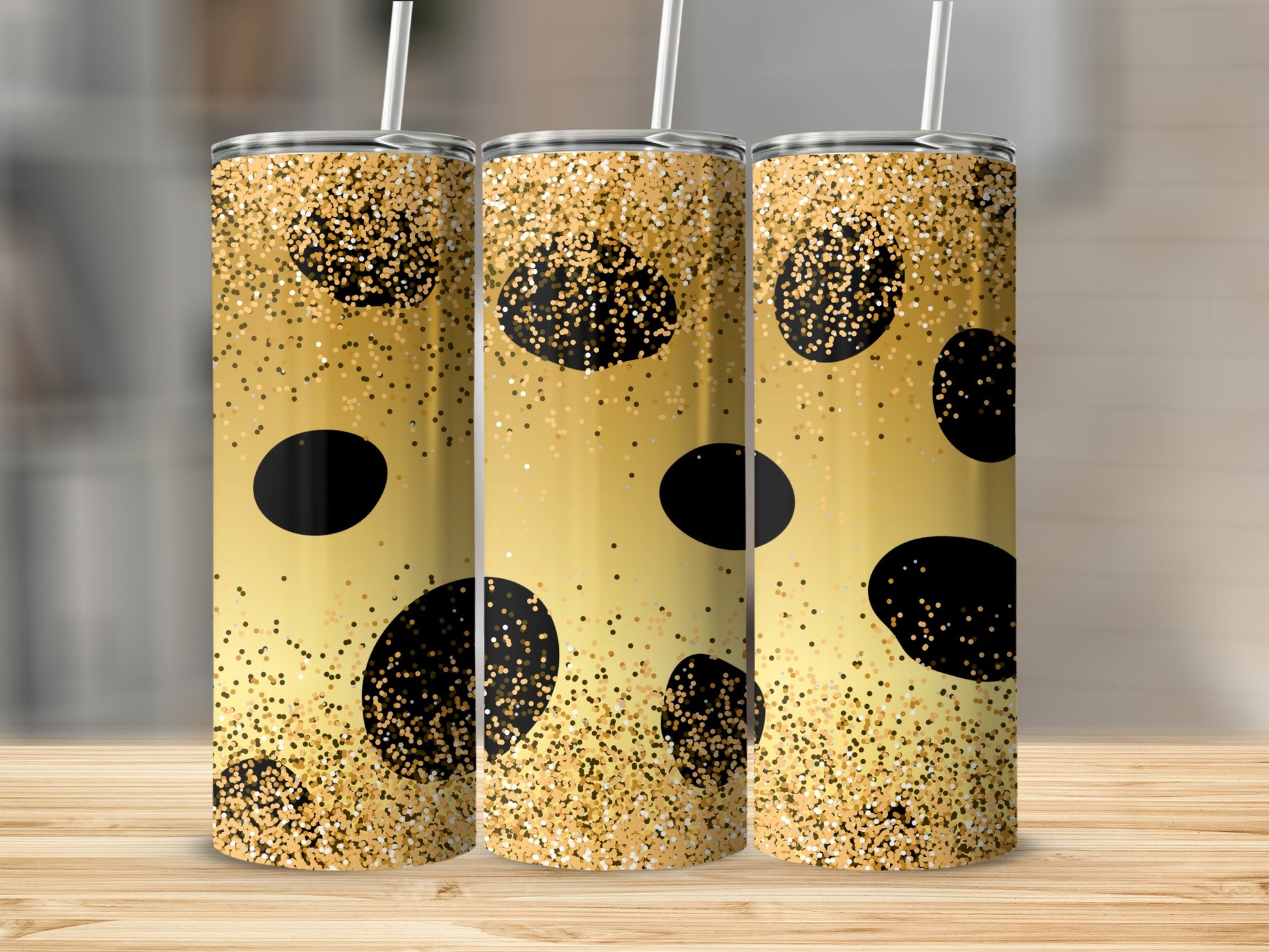 Glitter Gold and Black Polka Dot Tumbler Cup Design