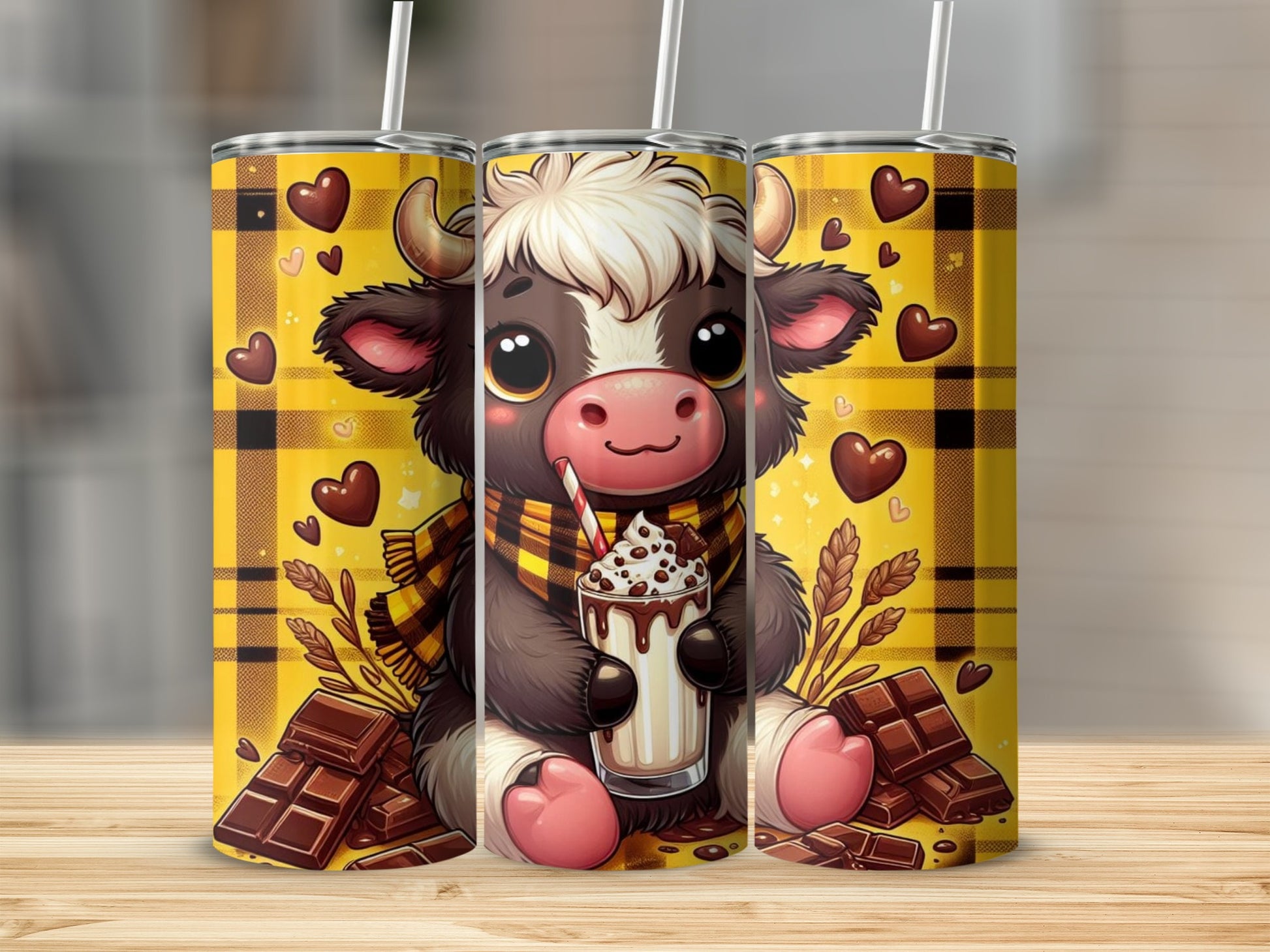 Cute Cow with Milkshake and Hearts Tumbler Cup Design