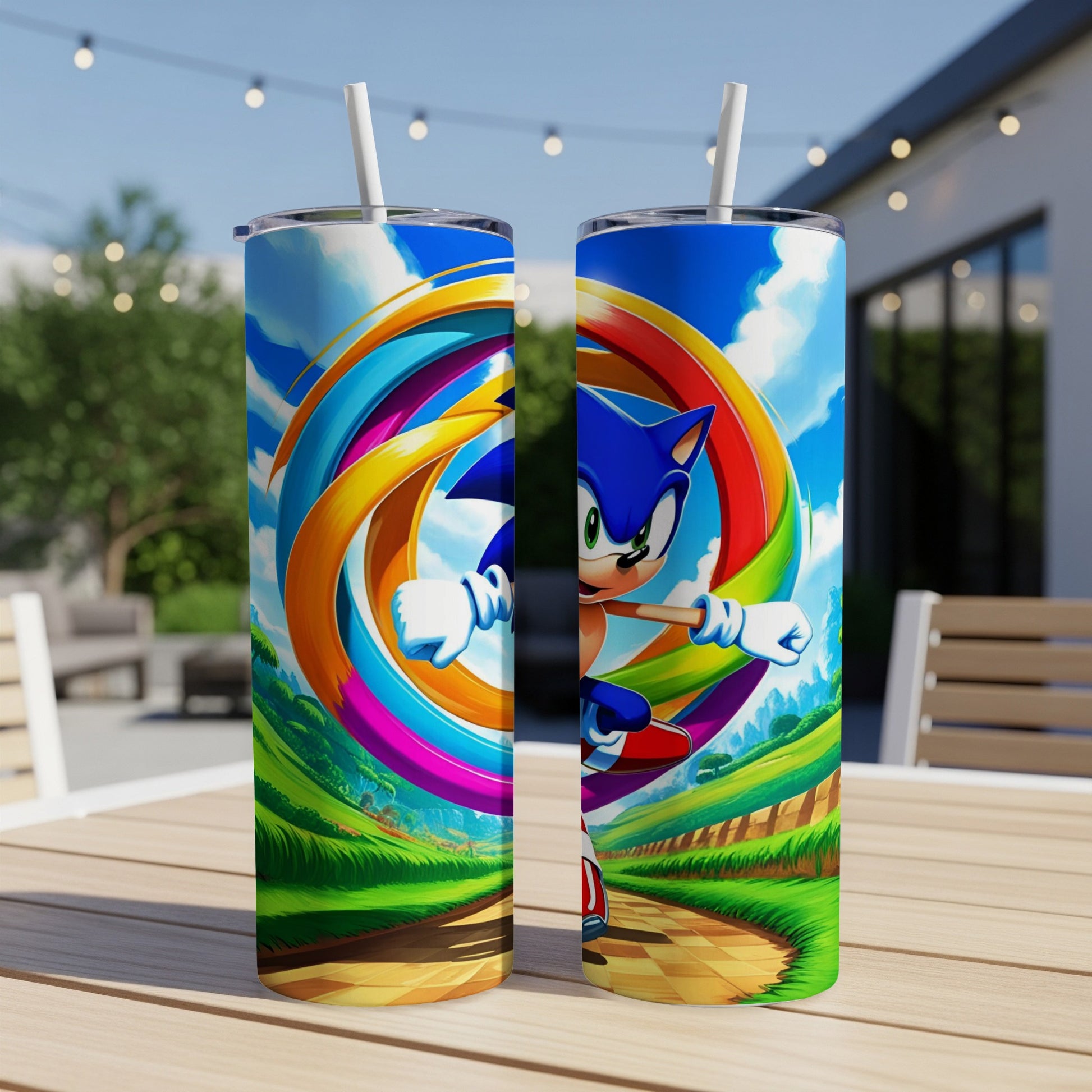 Sonic the Hedgehog races through a colorful loop-de-loop on a tumbler.