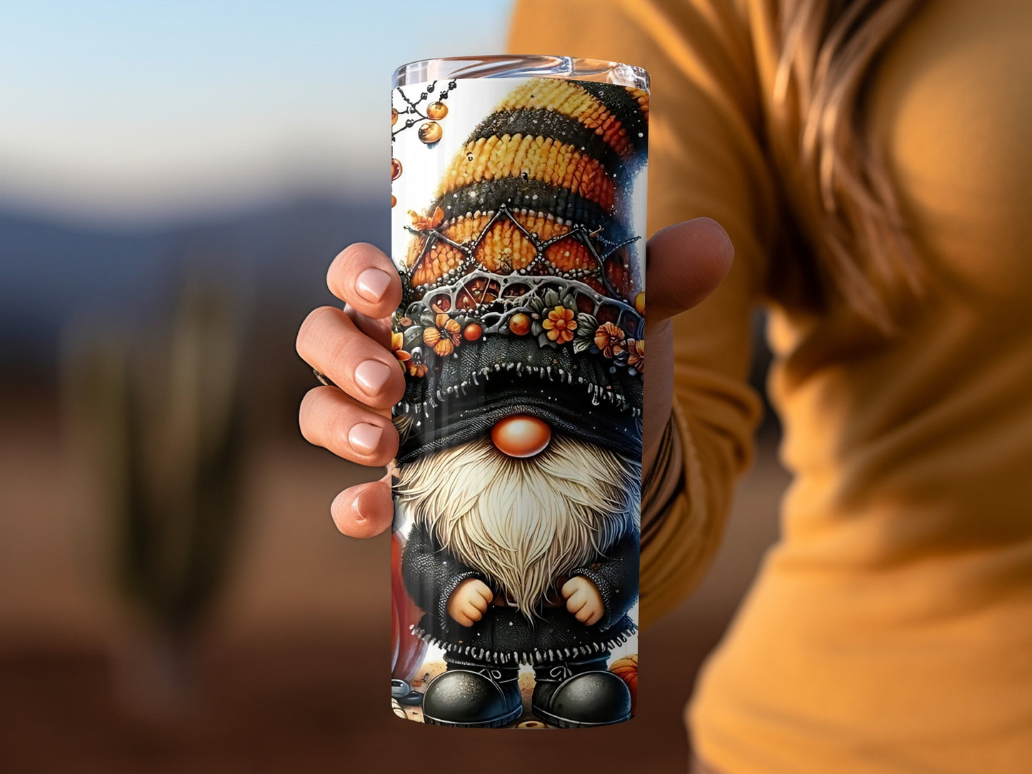 Autumn-themed Gnome Tumbler with Floral Decorations