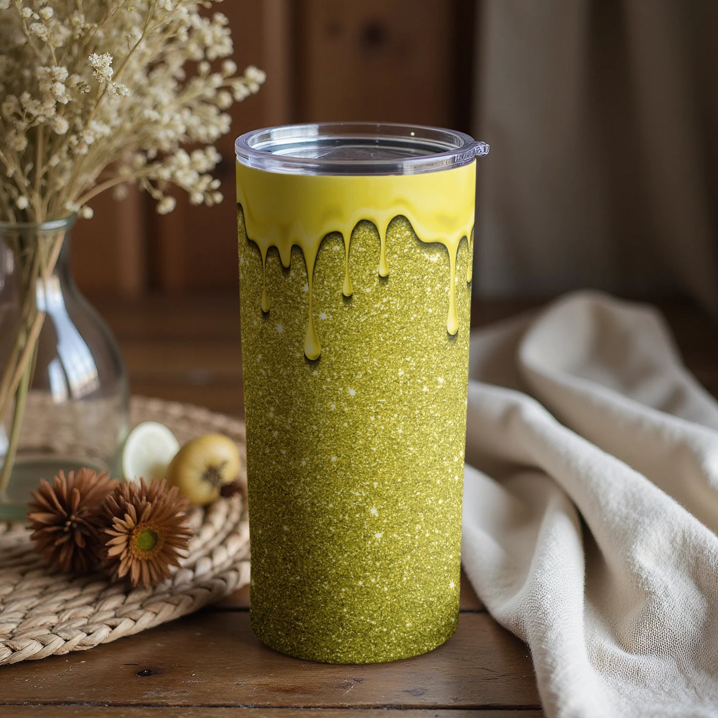 Green Glitter with Yellow Drips Insulated Tumbler