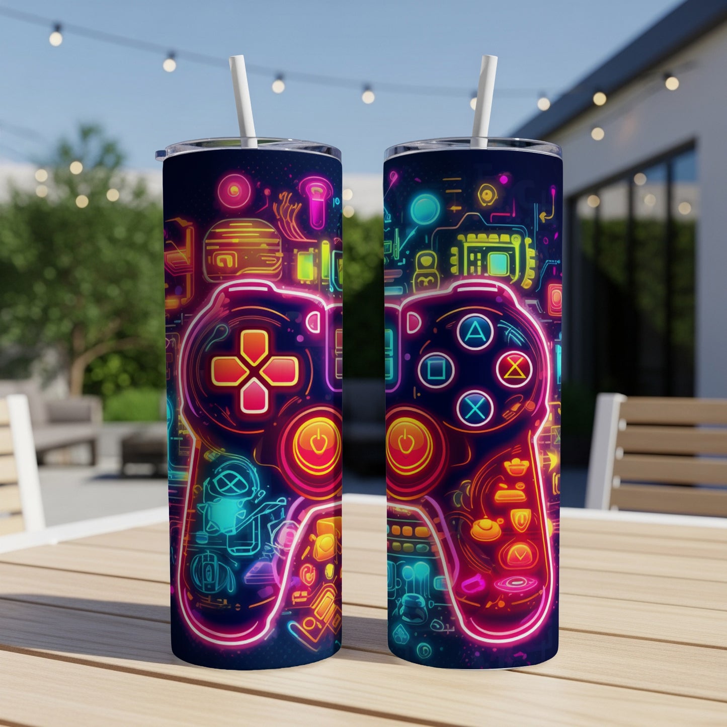 Two tumblers with neon video game controller design on a table.
