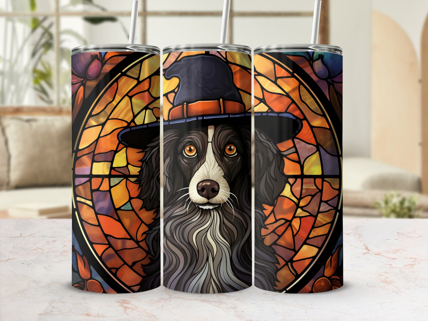 Dog wearing a witch hat, depicted in a stained-glass style on a tumbler.