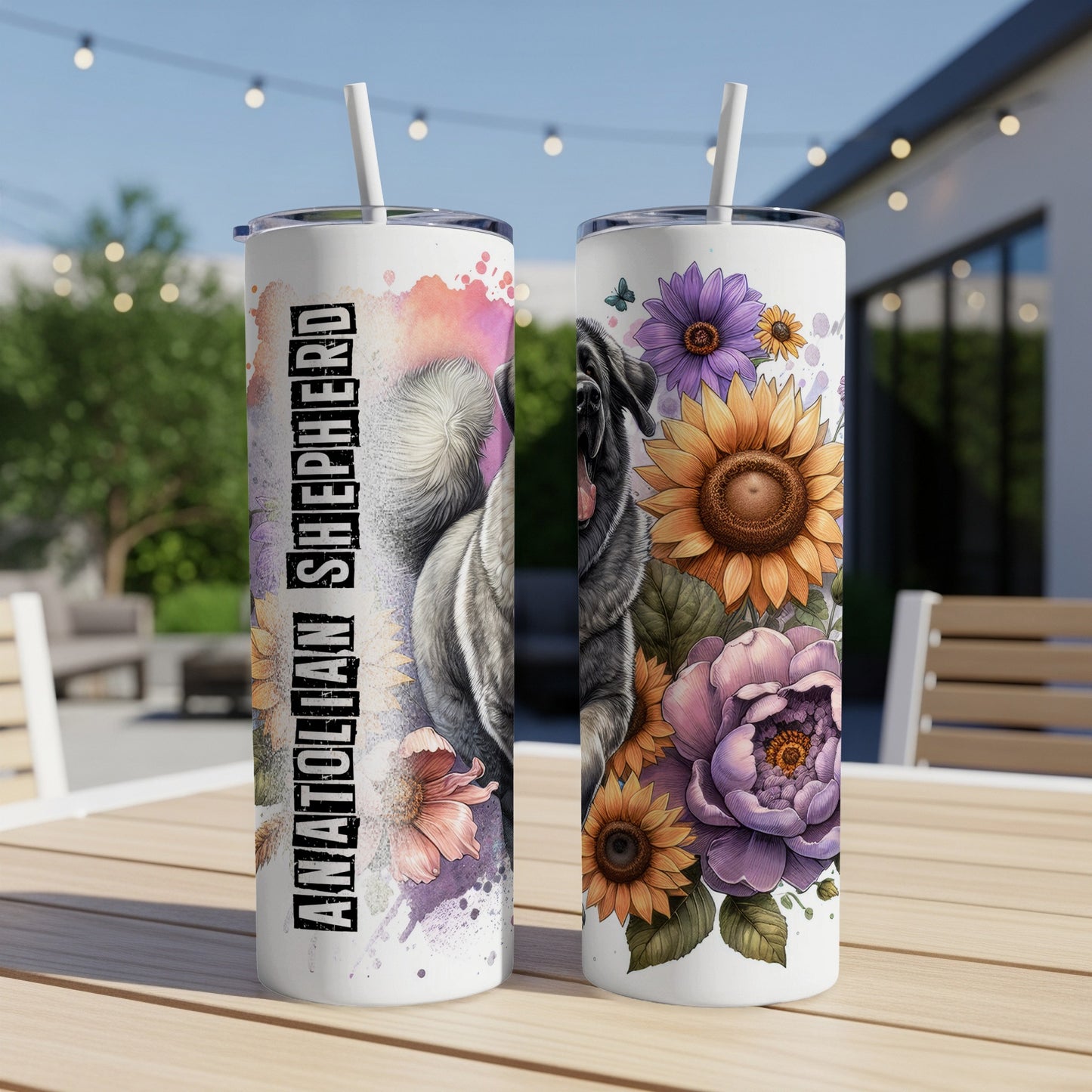 Anatolian Shepherd dog with flowers, on a white tumbler with a straw.