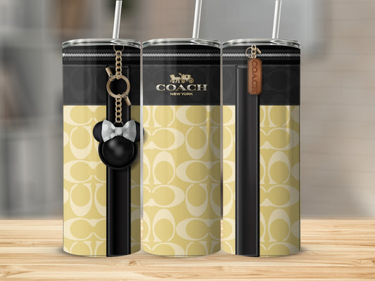 Three tumblers with Coach logo pattern, zipper detail, and keychains.