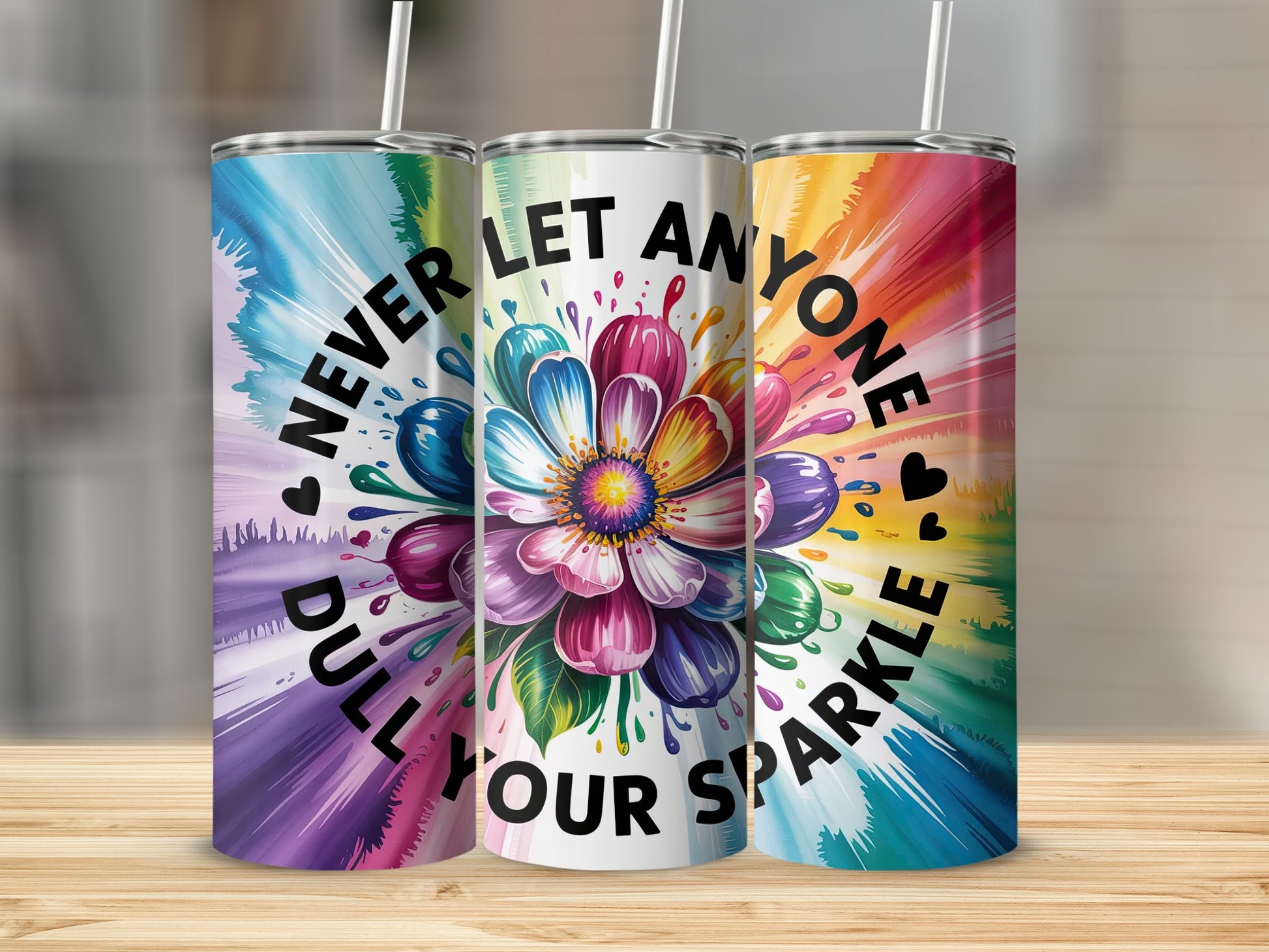 Tumbler with colorful flower and text "Never let anyone dull your sparkle."