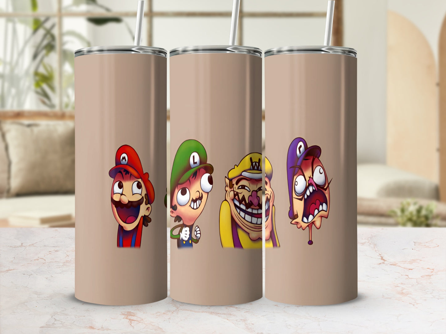 Three tumblers with Mario characters: Mario, Luigi, Wario, and Waluigi.