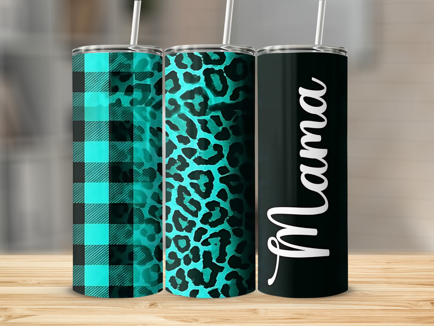 Aqua Plaid and Leopard Print Mama Design Tumblers