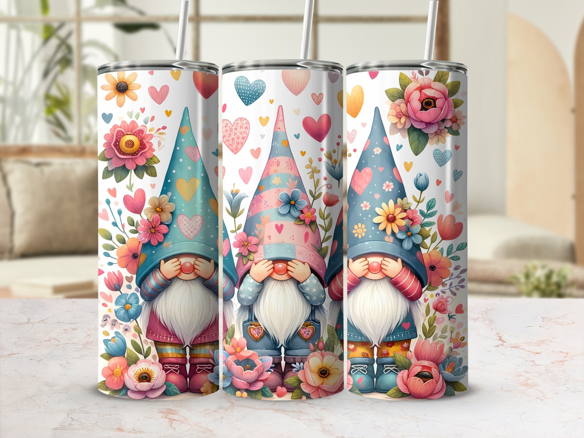 Three gnomes wearing floral hats and holding their hands to their eyes, with hearts and flowers.