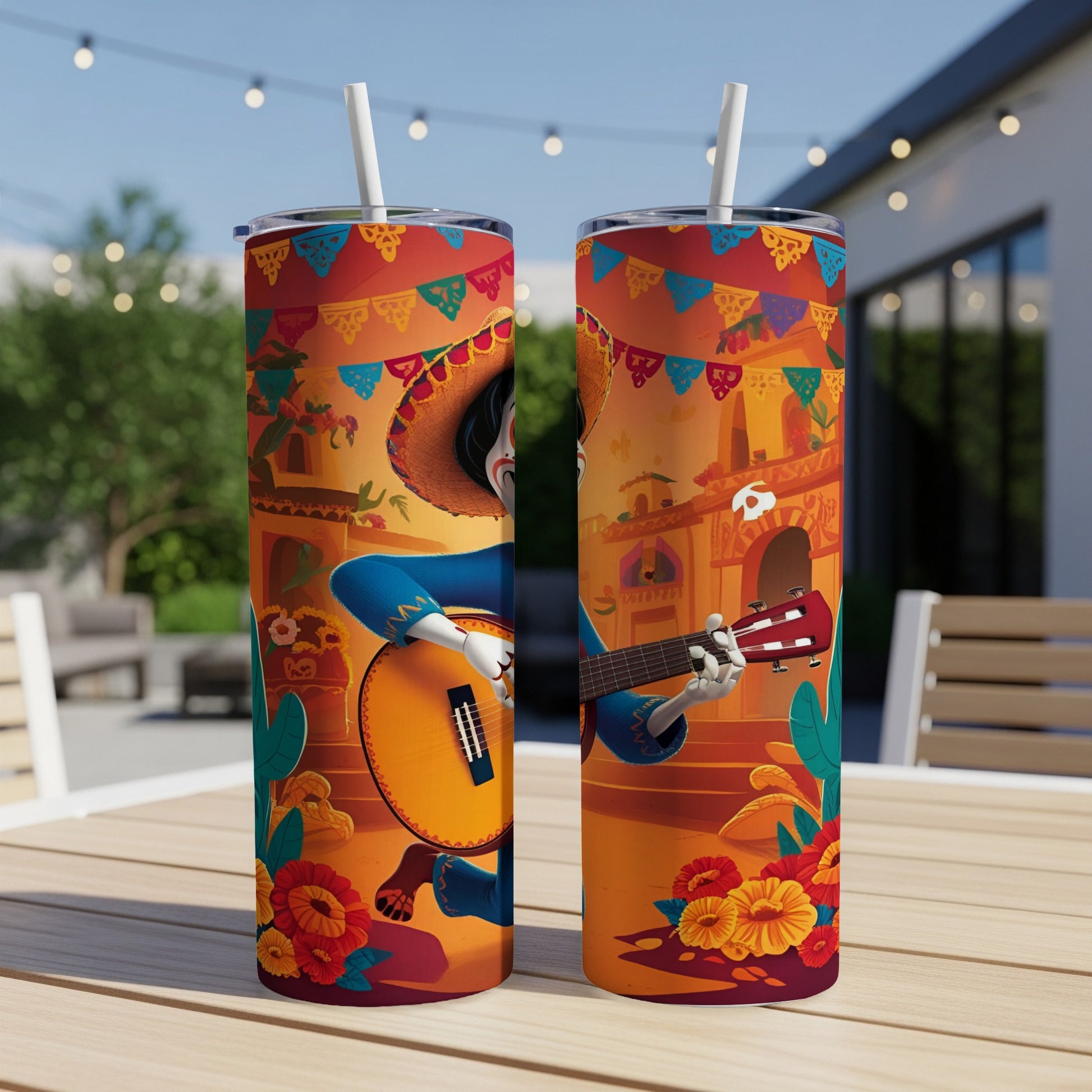 Day of the Dead themed tumbler with skeleton playing guitar.
