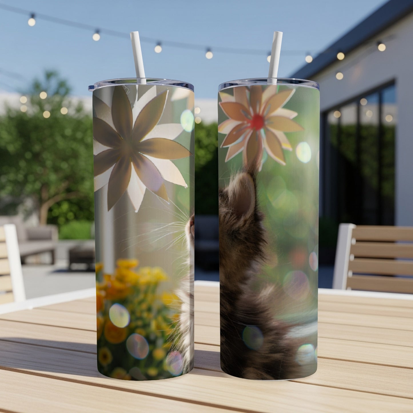 Two tumblers with a close-up of a kitten reaching for a flower.
