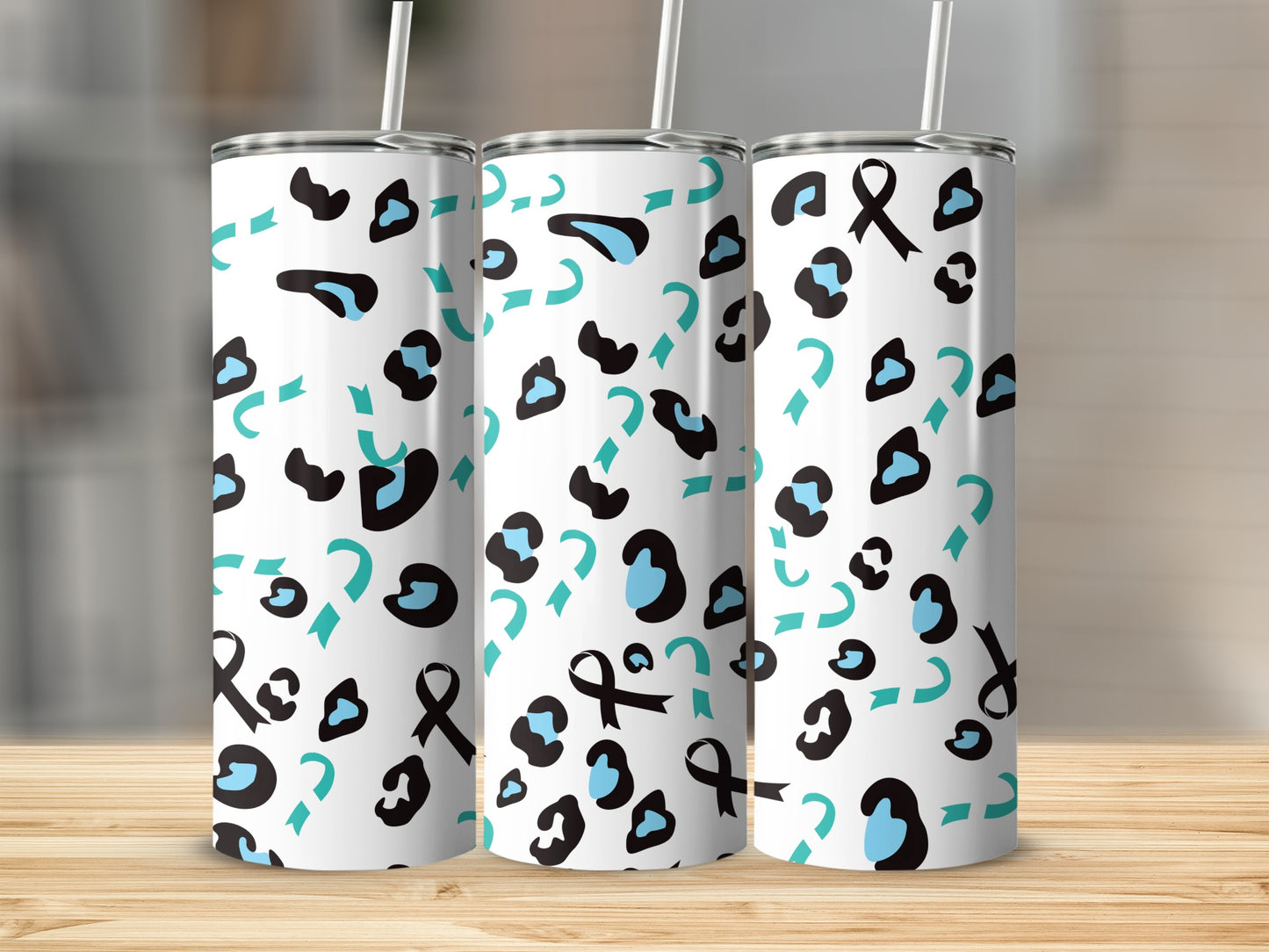 Awareness Ribbon and Leopard Print Tumbler with Straw