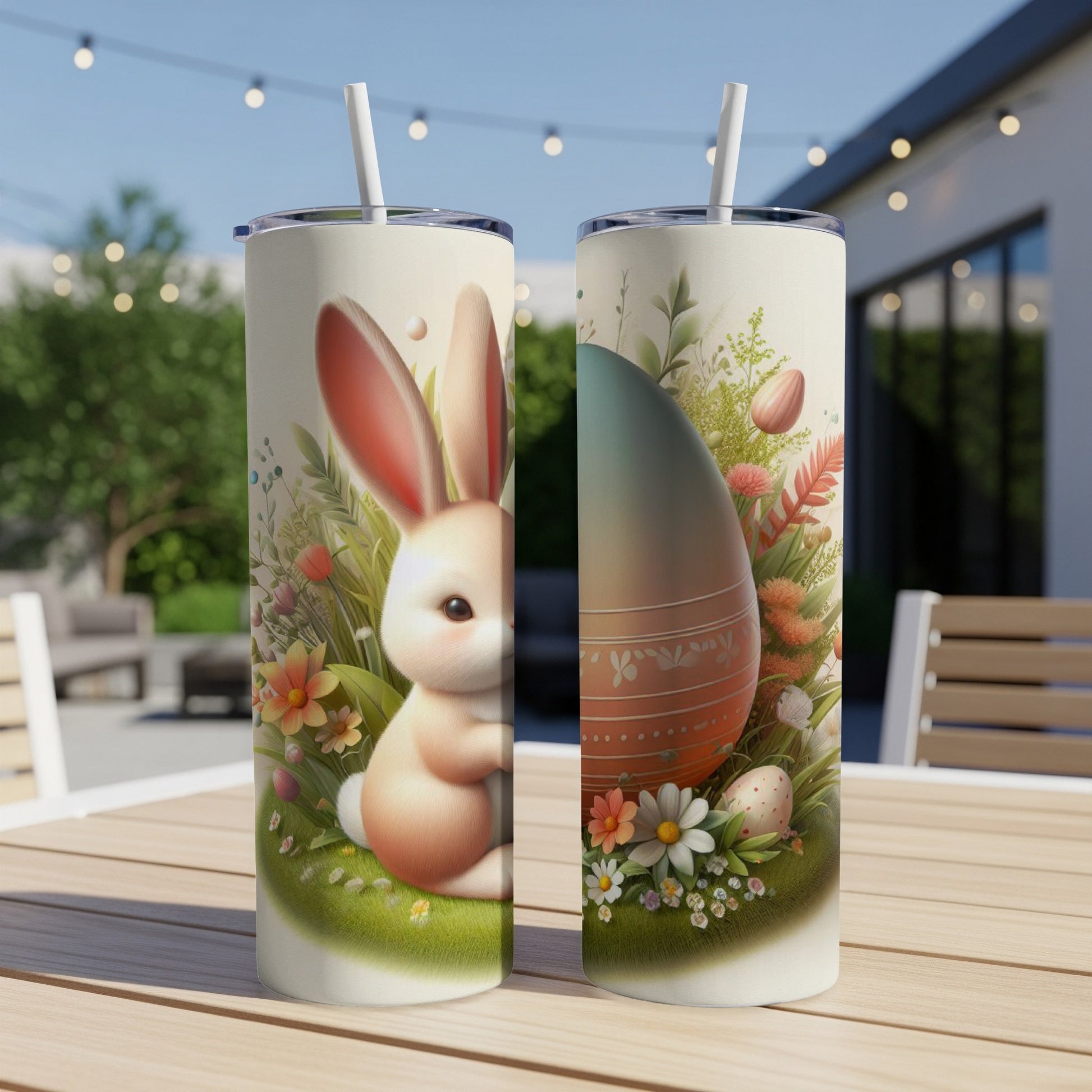 Easter bunny with decorated egg and flowers on a white tumbler.