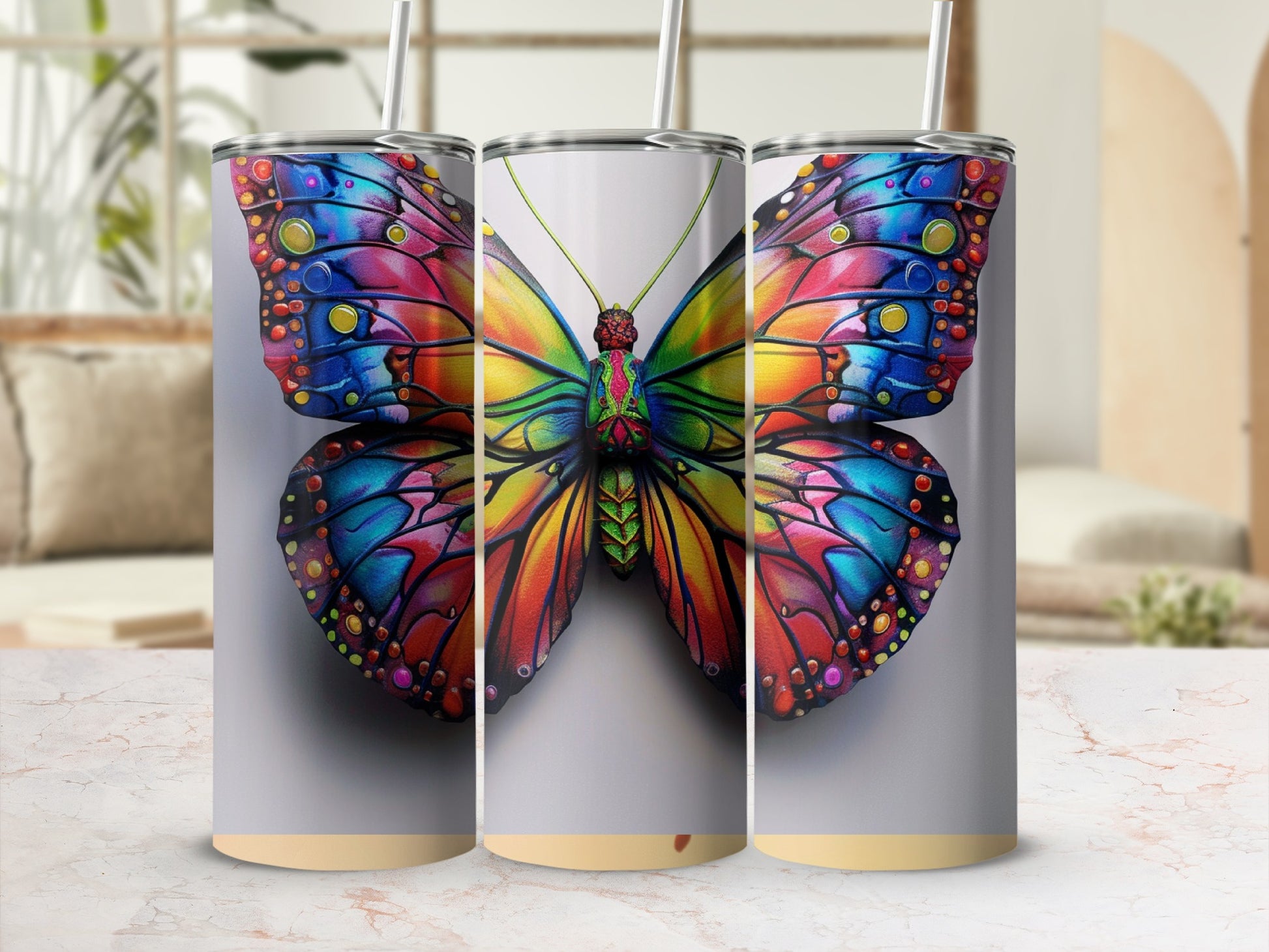 Tumbler with colorful butterfly design.