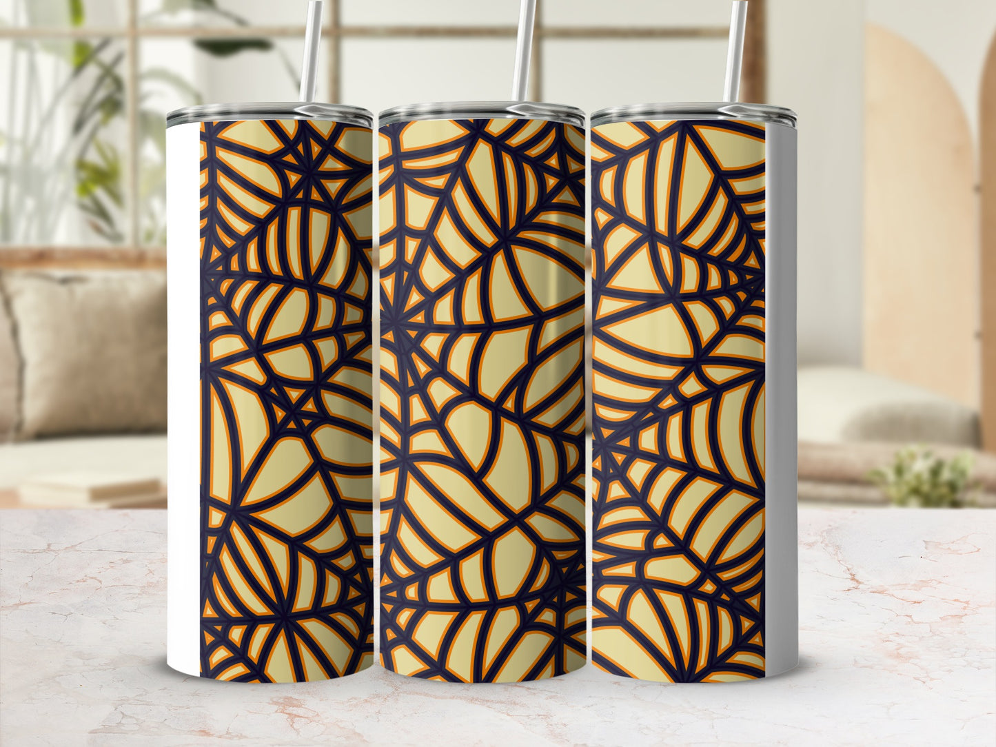 Abstract Spiderweb Pattern Cream Yellow Dark Blue Tumbler product type