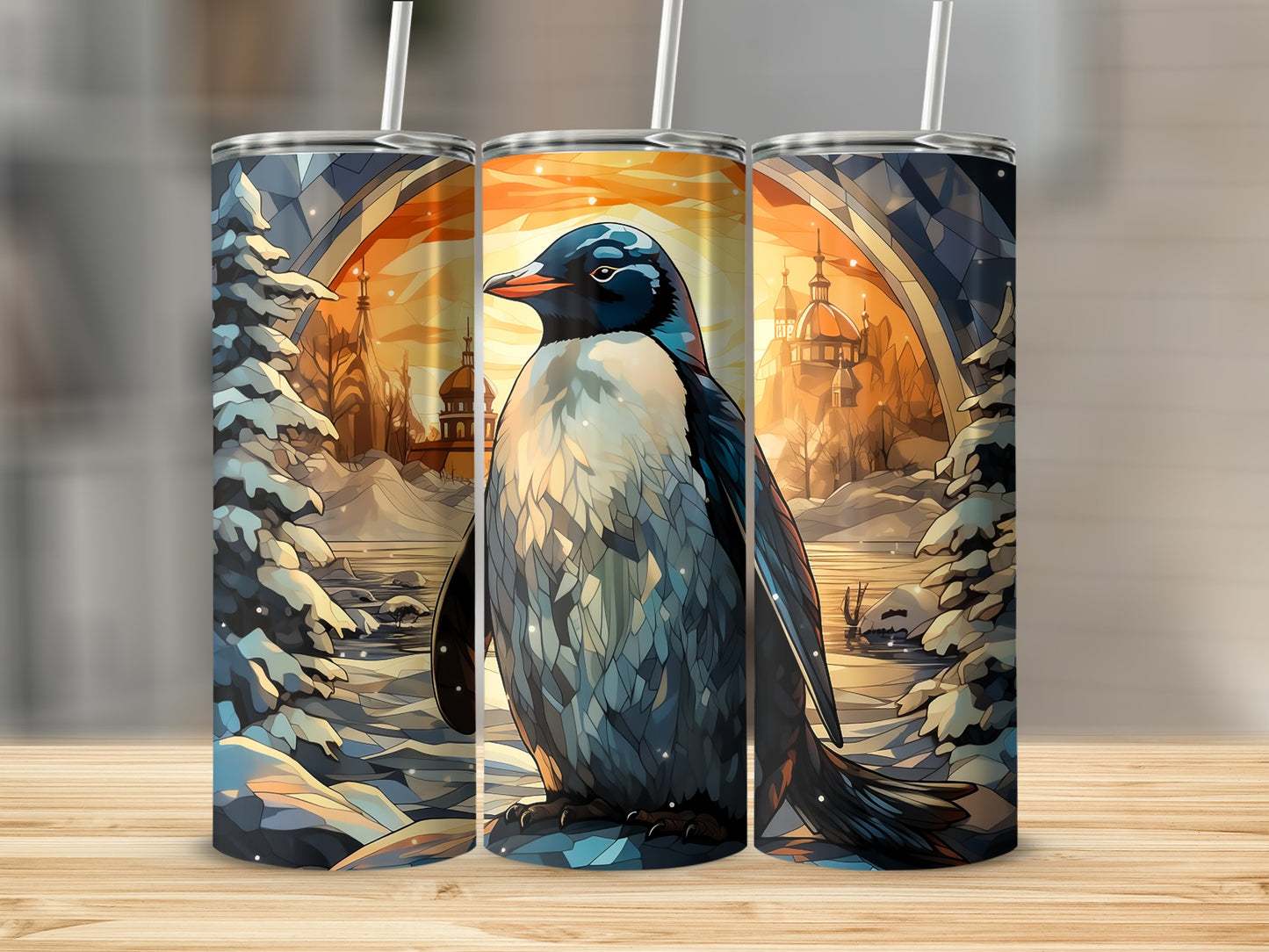 Penguin on icy landscape with cityscape background.