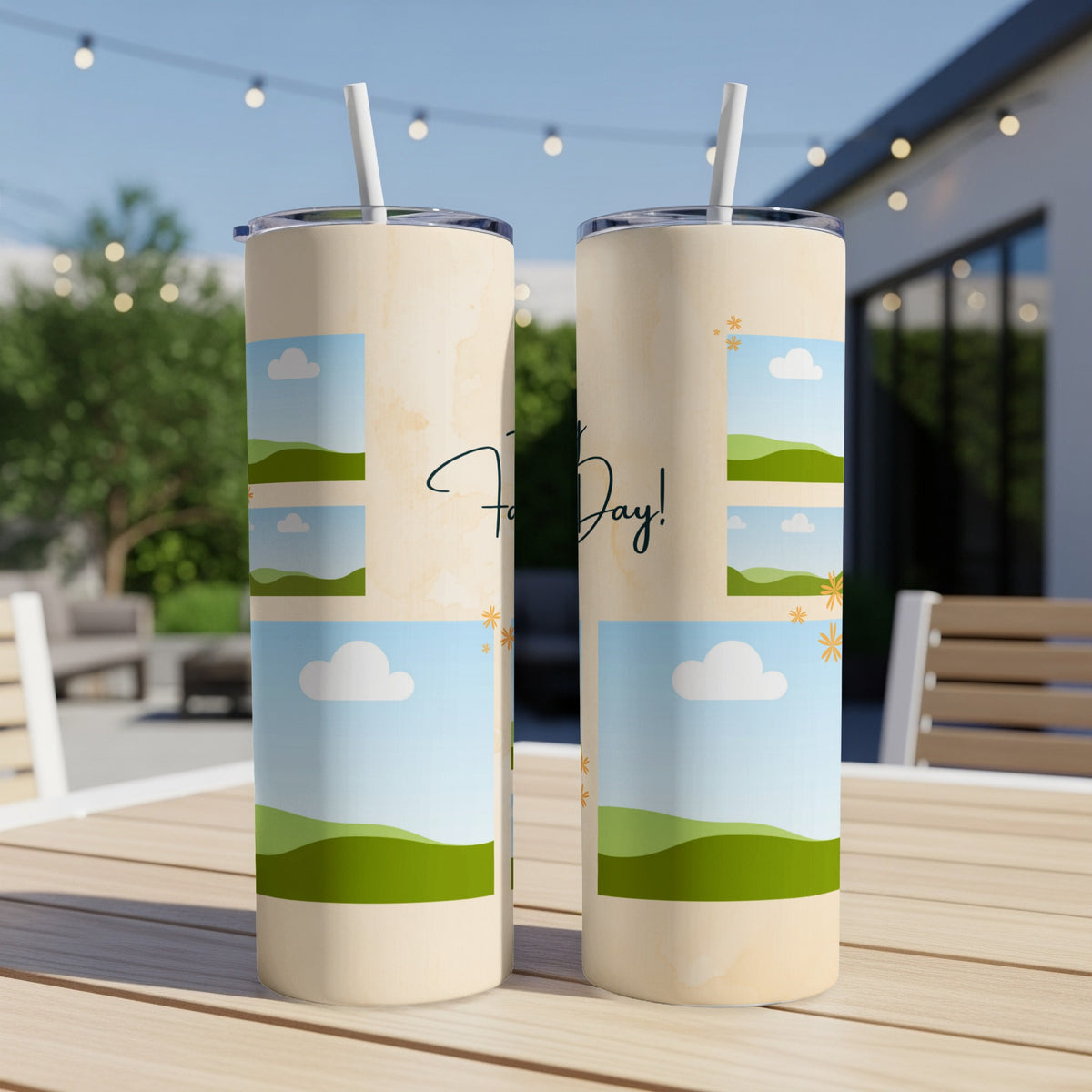 Two tumblers with "For Day!" text and sky, cloud, and rolling green hills graphics.