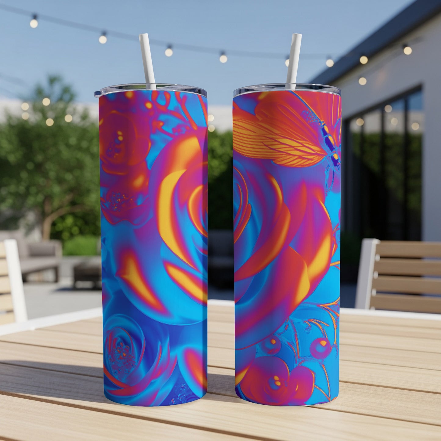 Two tumblers with a vibrant floral and dragonfly design.