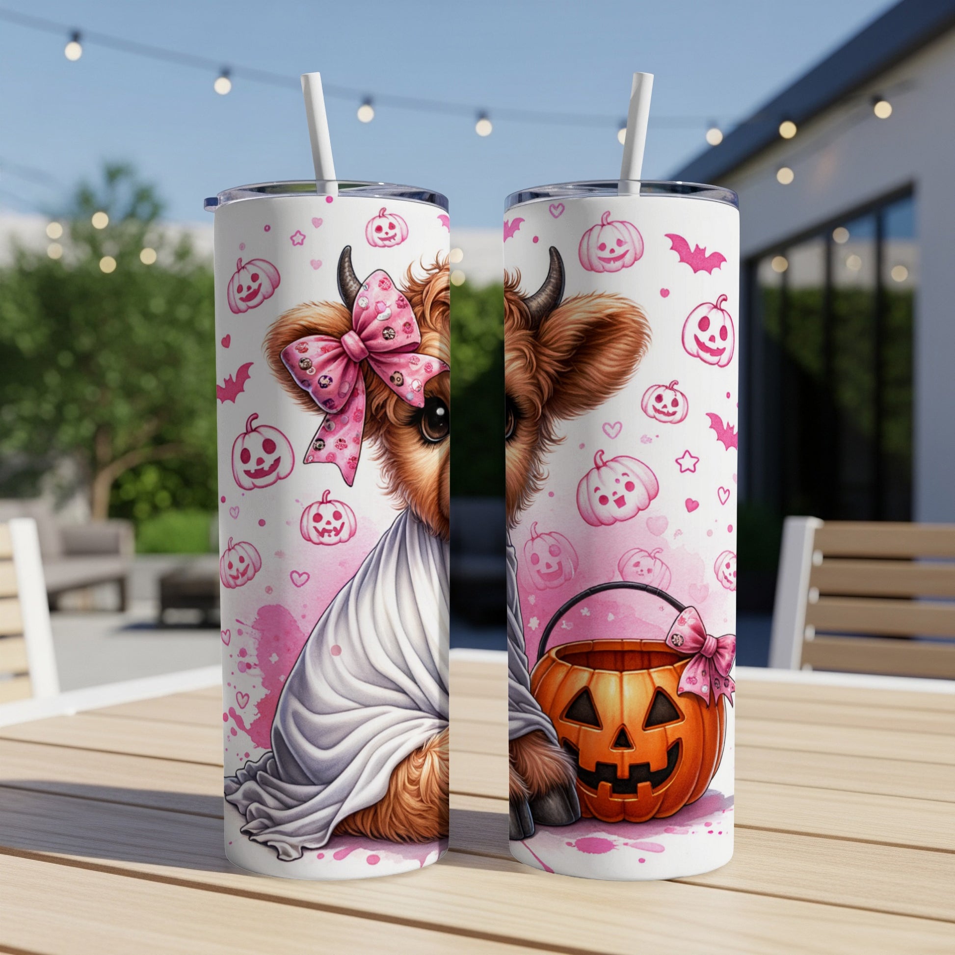 Two tumblers featuring a cow dressed as a ghost with pumpkins and bats.
