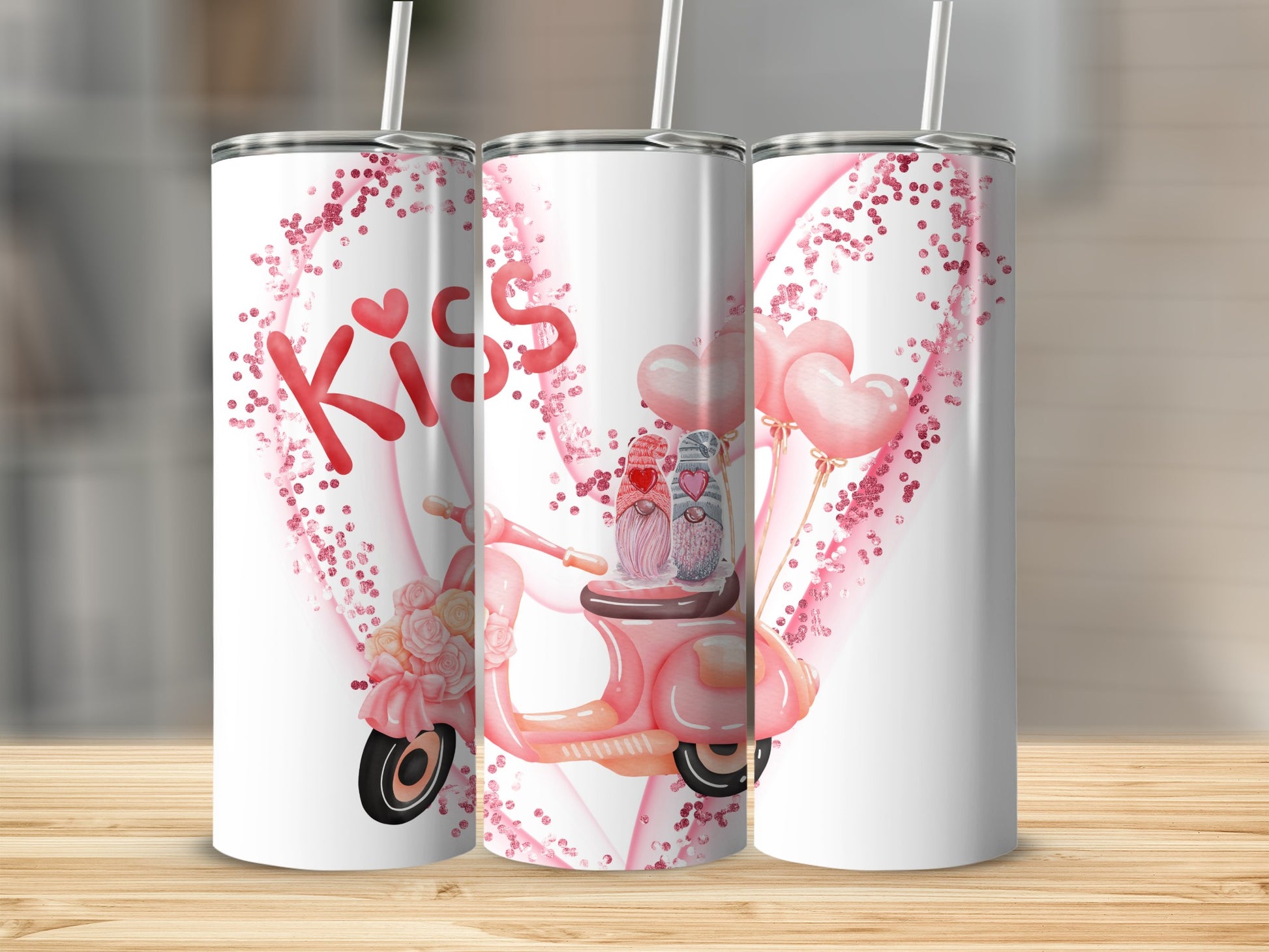 Romantic Scooter Kiss Graphic Pink Heart Tumbler