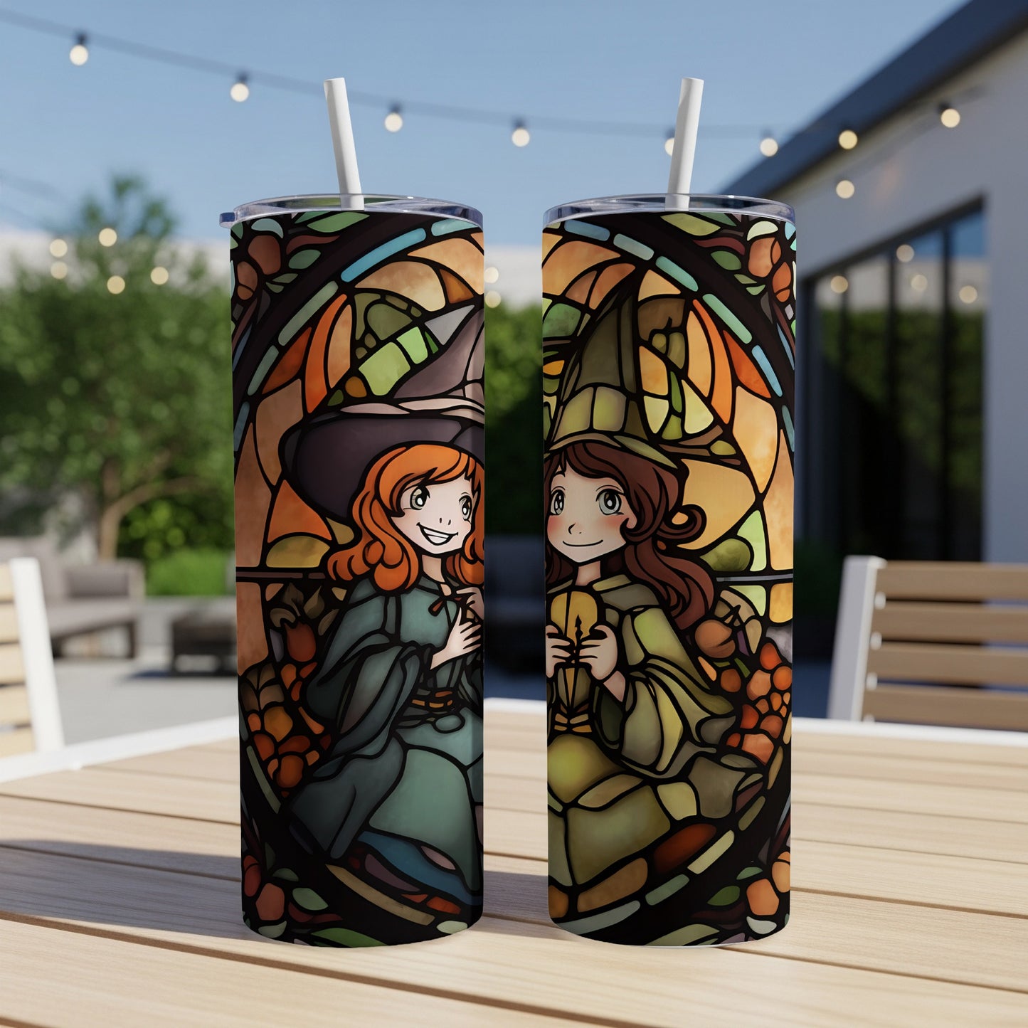 Two witch characters in stained glass style on a tumbler with straws.