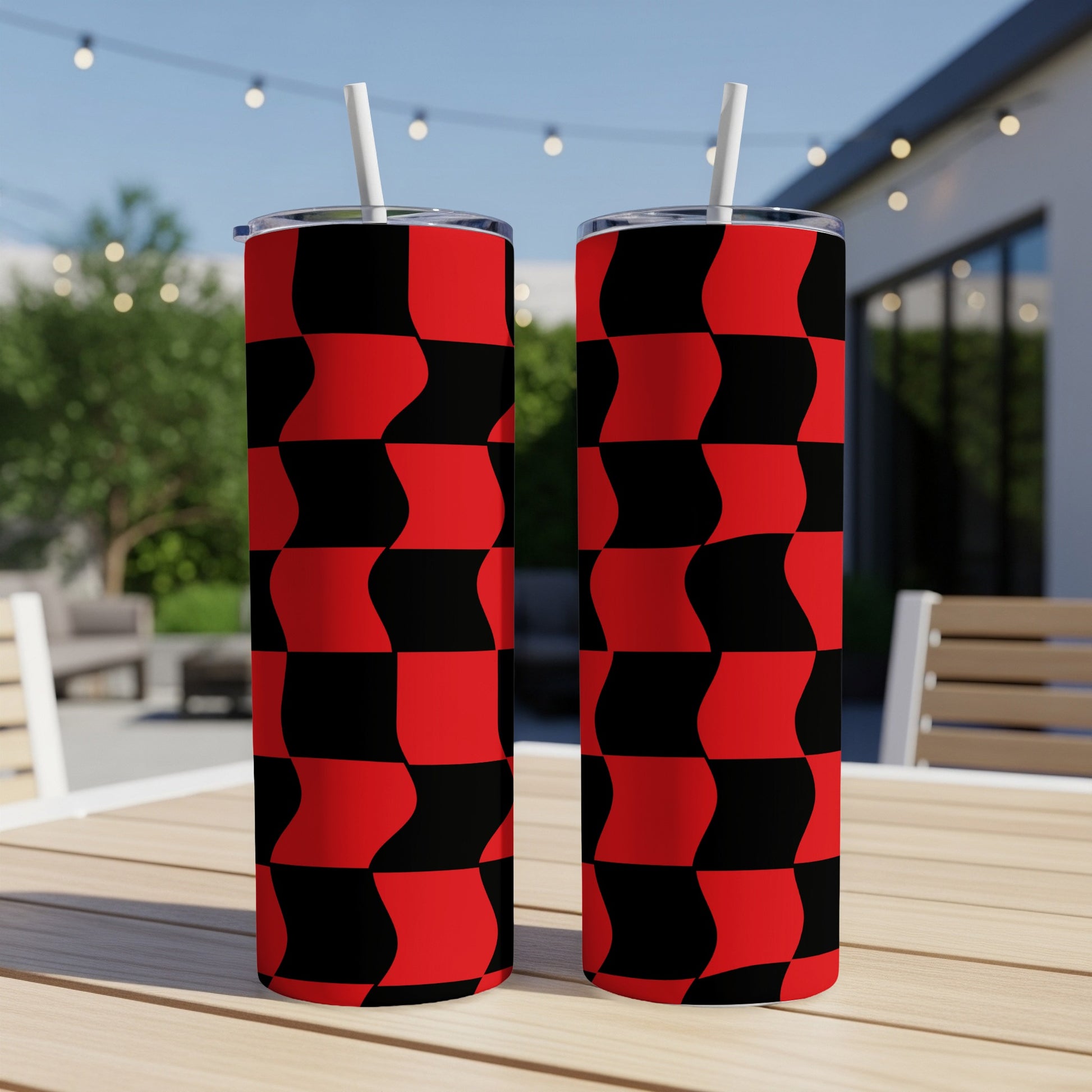 Two tall tumblers with a black and red checkered wave pattern.