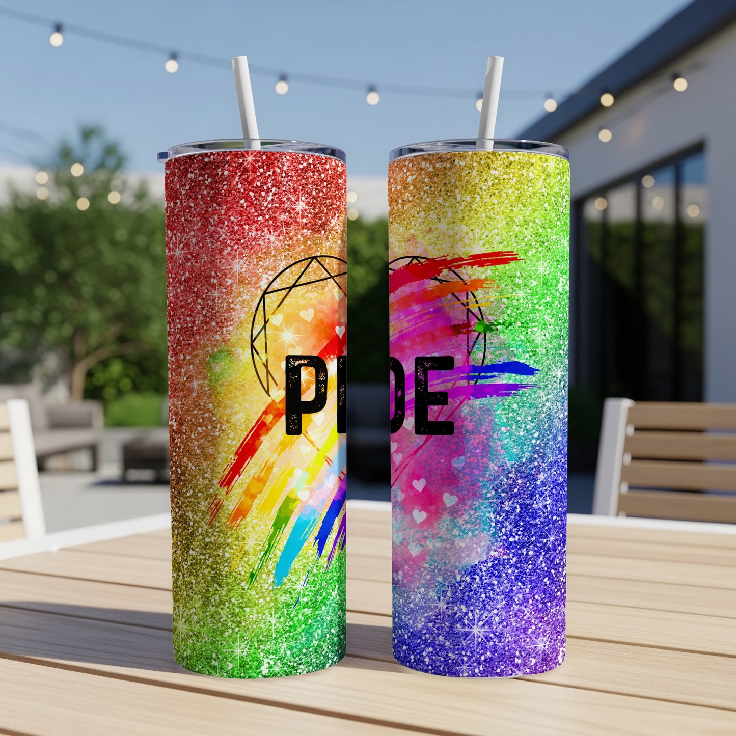 Two tumblers with glitter rainbow pride design and "Pride" text.