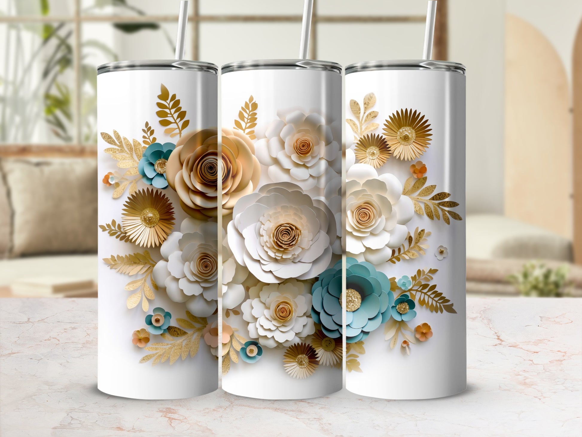 Floral Patterned Tumbler with Gold Accents Design
