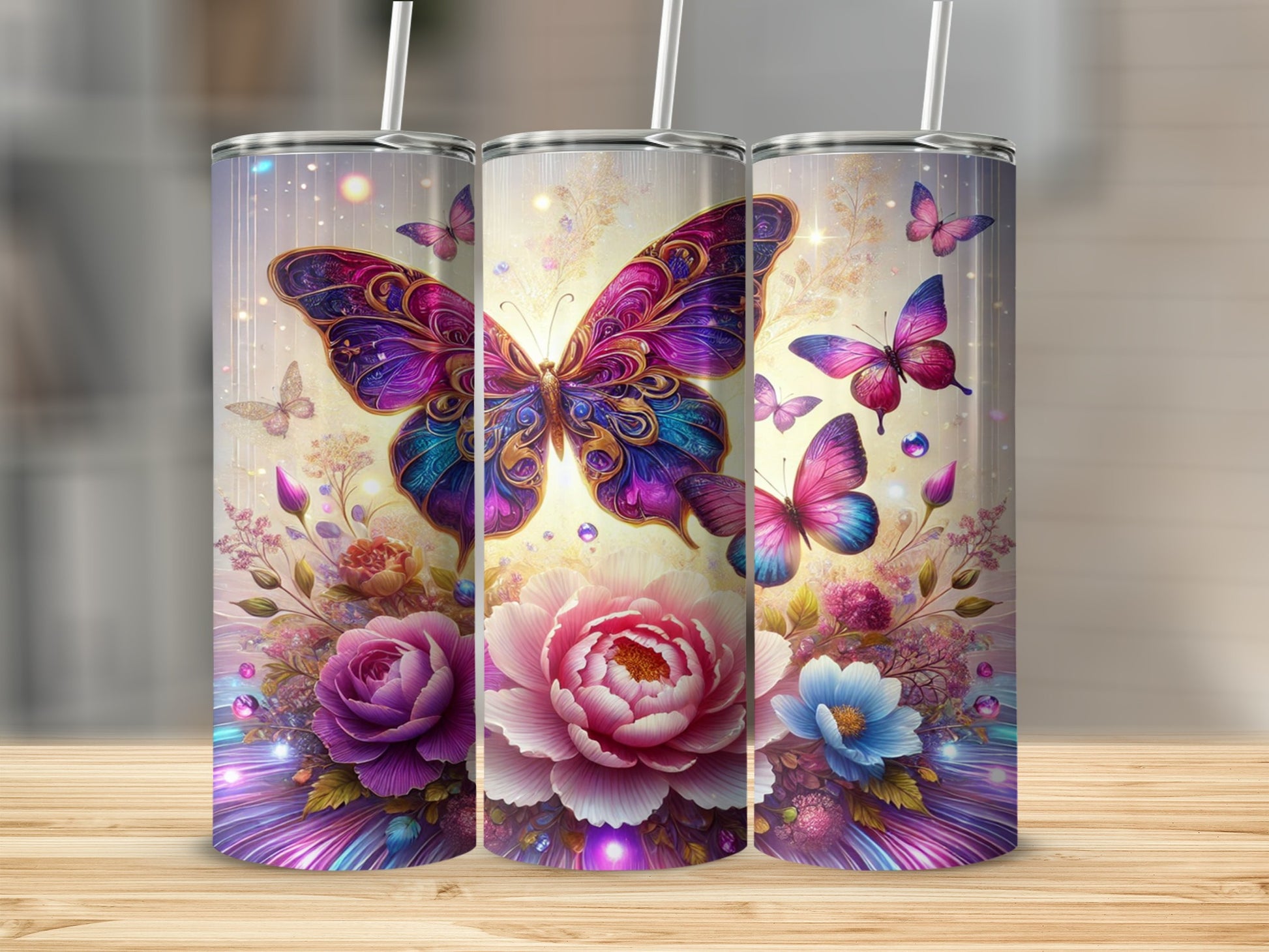 Colorful Butterfly and Floral Tumbler with Straw