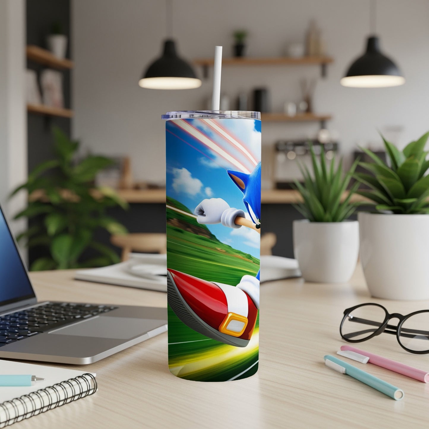 Sonic the Hedgehog racing on a colorful, abstract background.