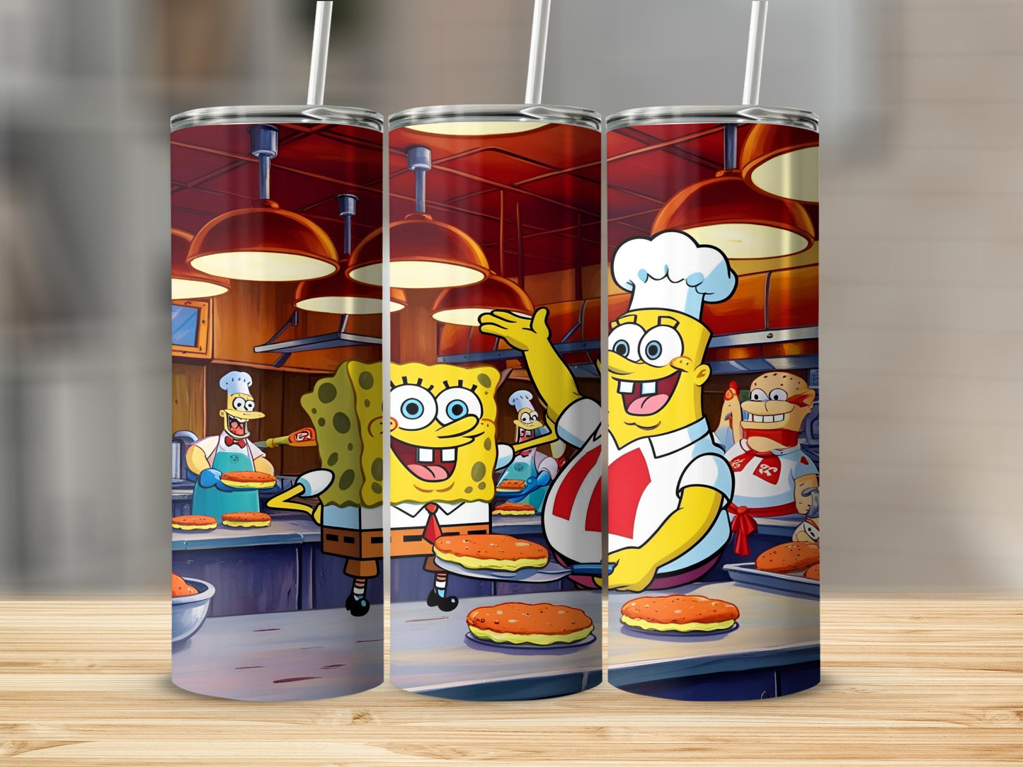 SpongeBob SquarePants characters cooking burgers in a kitchen, promotional artwork.