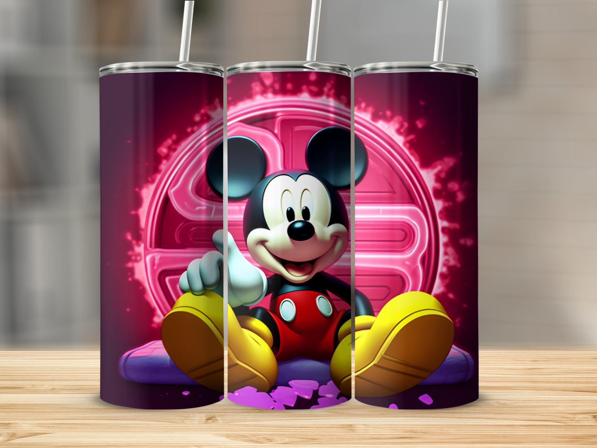 Vibrant Mickey Mouse Tumbler with Neon Background Design