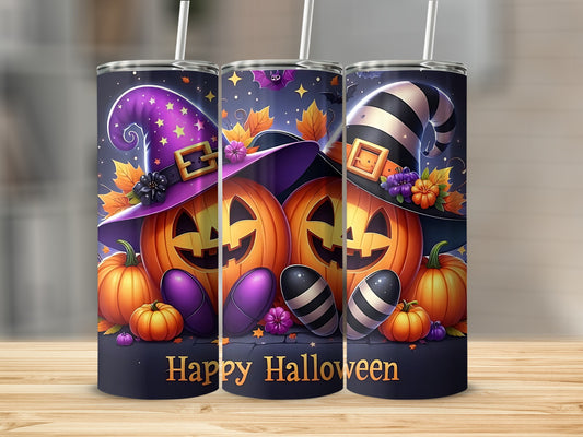 Three tumblers with Happy Halloween text and cartoon pumpkins wearing witch hats.