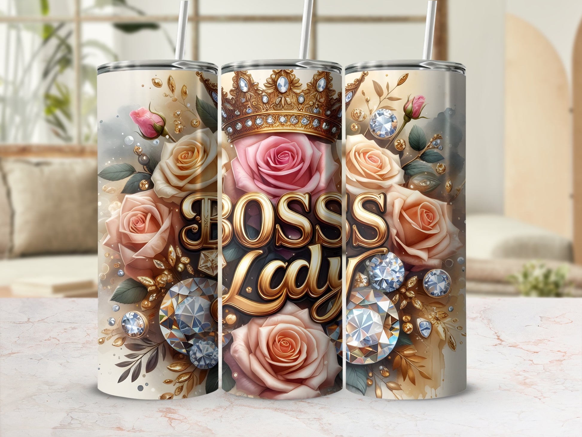 Elegant Floral Boss Lady Tumbler with Crown Design