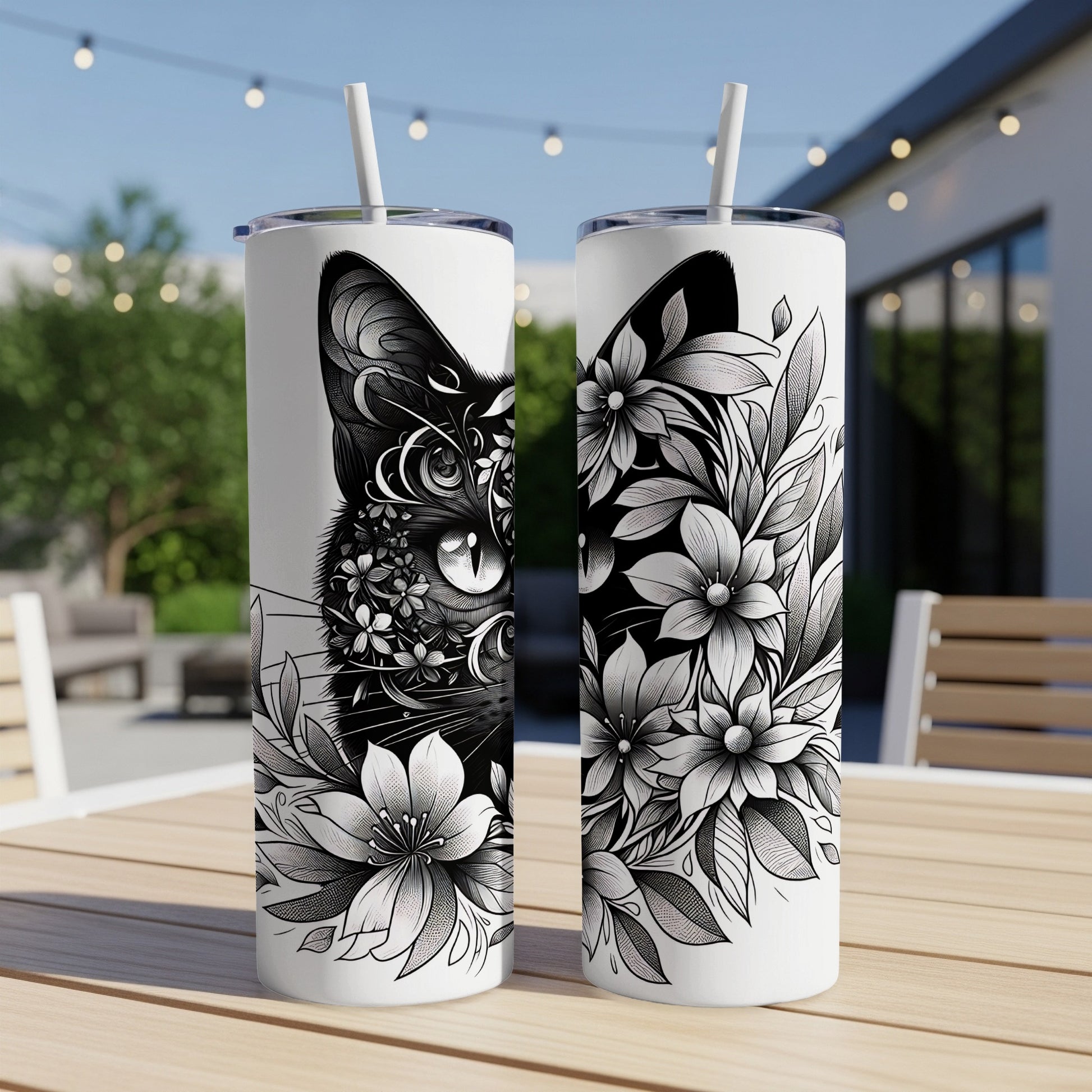 Two white tumblers with black floral cat design on a wooden table.