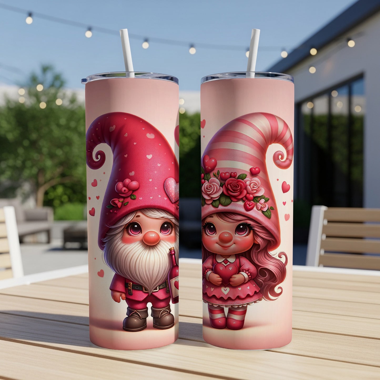 Two Valentine's Day gnomes in pink, one holding a candy cane, the other a heart.