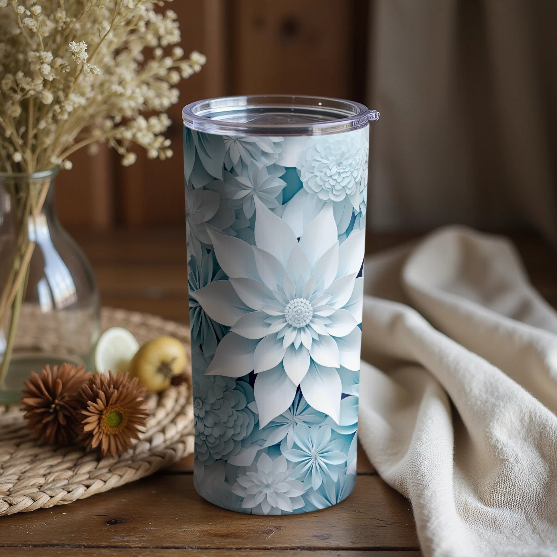 Large Flower Pattern Blue Tall Tumbler for Beverages