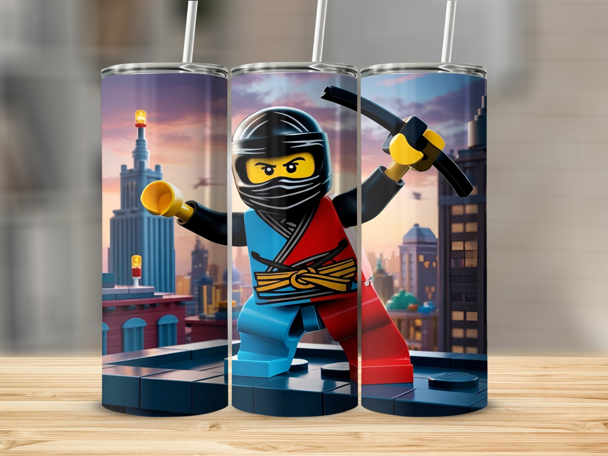 Ninjago character in red and blue suit with sword on cityscape background.