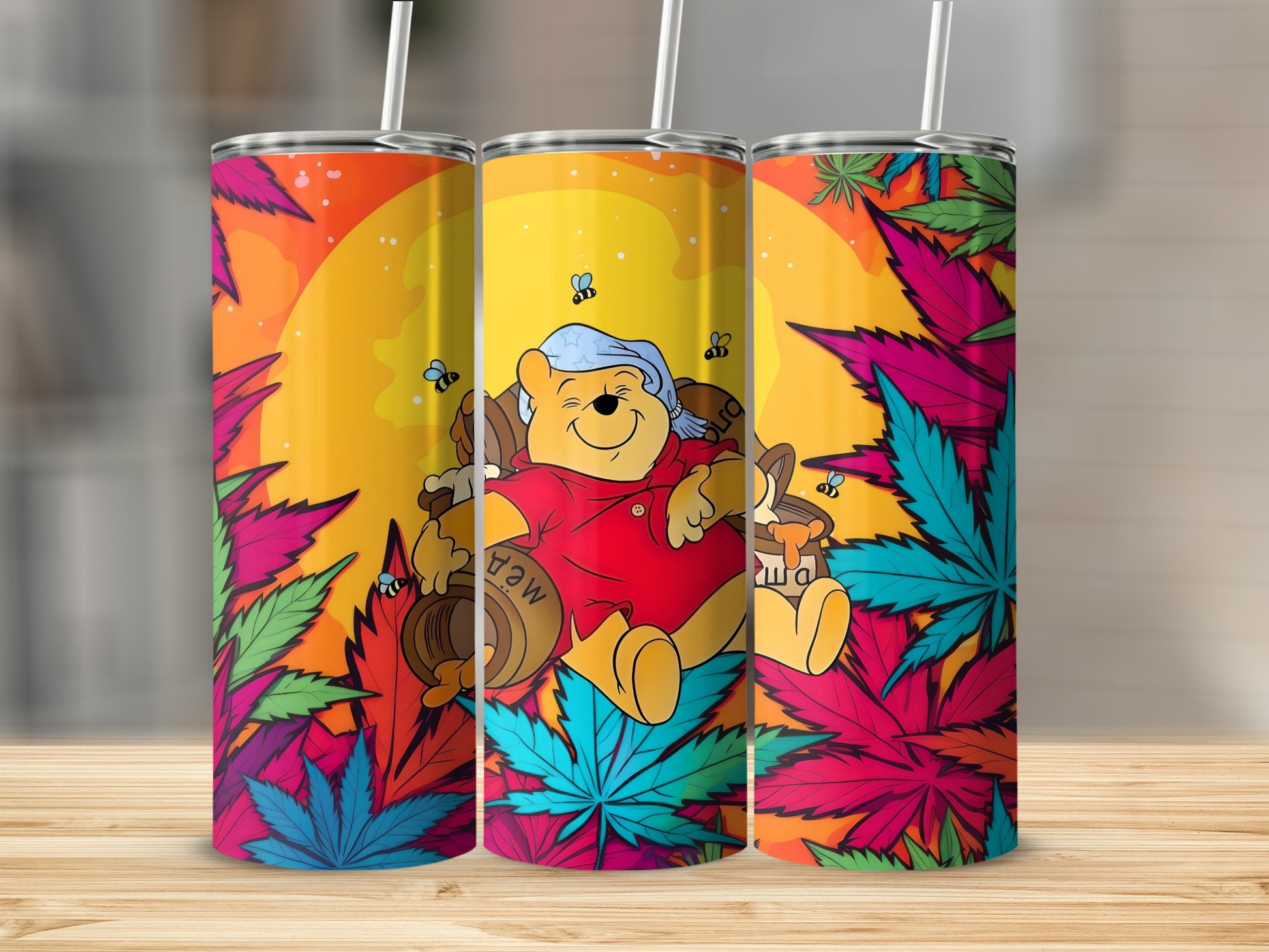 Cute Cartoon Bear with Colorful Leaves Tumbler