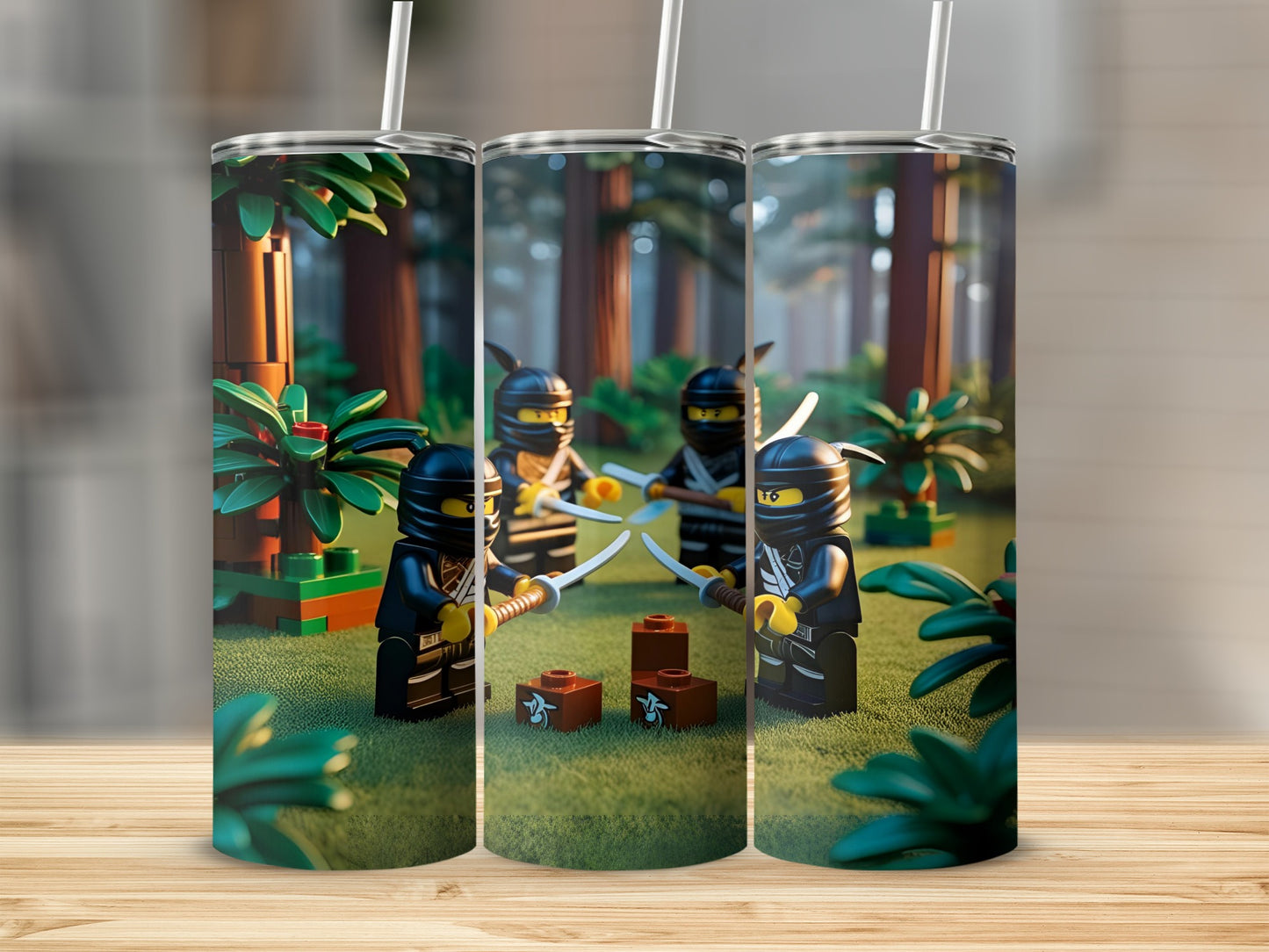 Four Lego ninjas with swords stand in a forest setting.