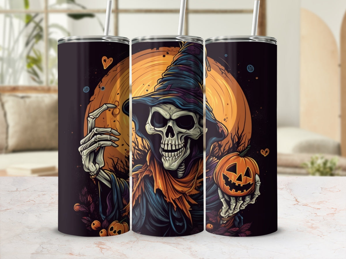Three tumblers with Halloween skeleton wizard and jack-o'-lantern design.