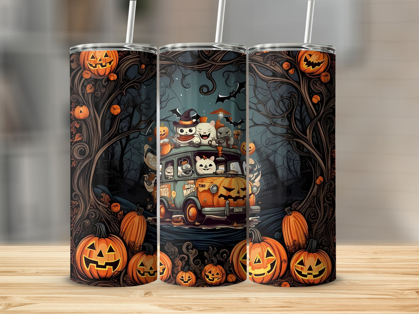 Halloween themed tumbler with pumpkins, cats, and a spooky van design.