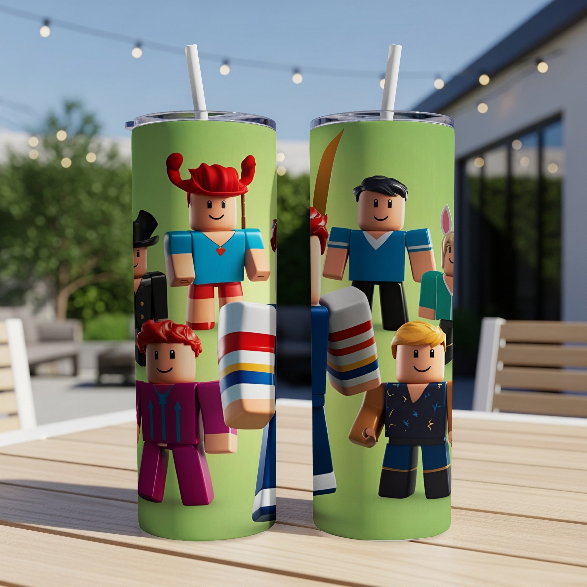 Roblox characters on a green background, two tumblers.