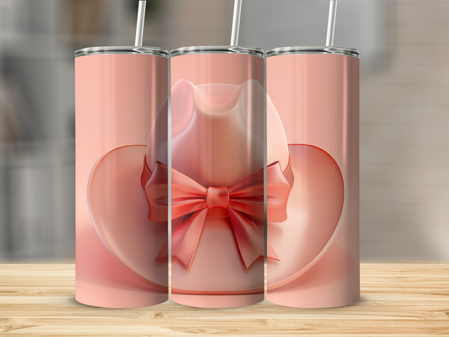 Pink cowboy hat with bow on three tumblers against a light background.