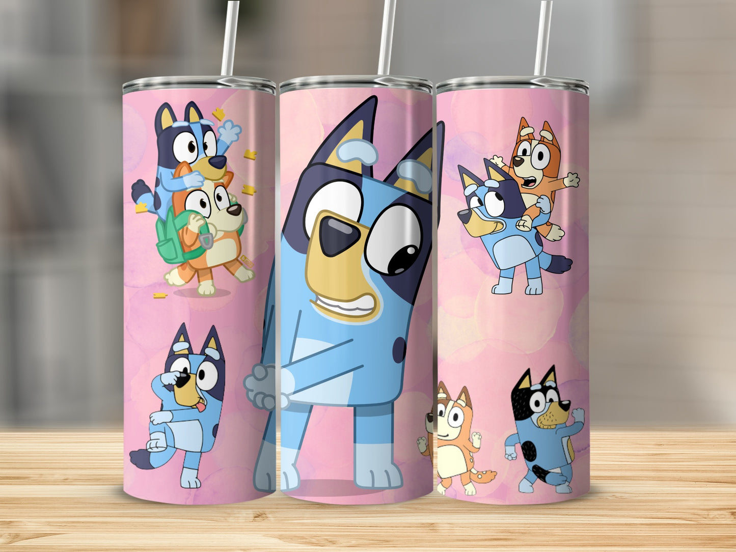 Blue Cartoon Dog and Friends Pink Background Tumbler