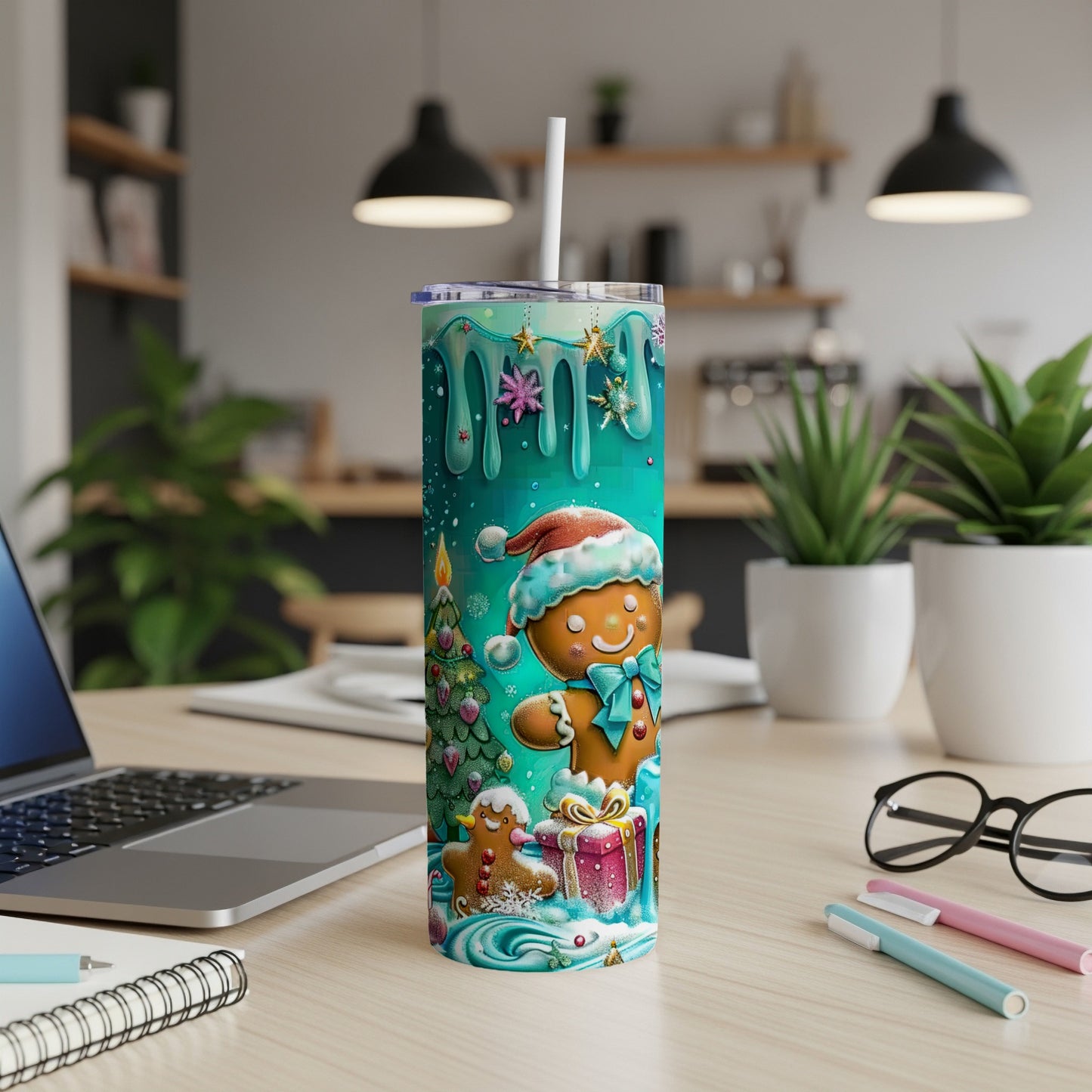 Gingerbread man with Santa hat on teal Christmas tumbler.