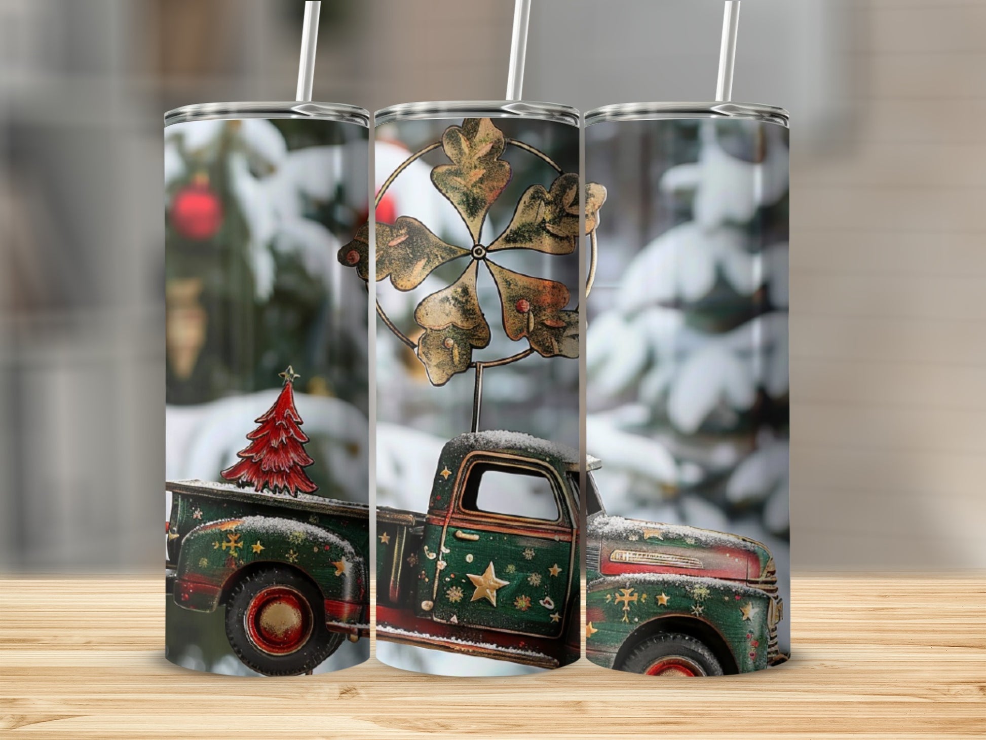 Vintage green truck with Christmas tree and snow.