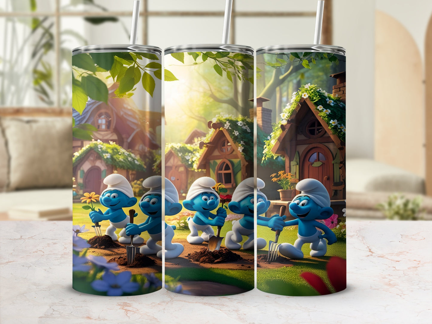 Three Smurfs in a garden, each holding a shovel, with Smurf houses in the background.